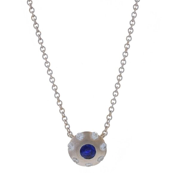 White Gold Sapphire & Diamond Halo Pendant Necklace 16 1/4" - 18k Round 1.00ctw